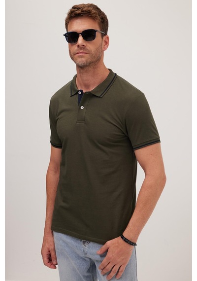Tudors Erkek Slim Fit Dar Kesim %100 Pamuk Yumuşak Dokulu Serin Tutan Kumaş Düz Pike Haki Polo Yaka Tişört-42250 Haki