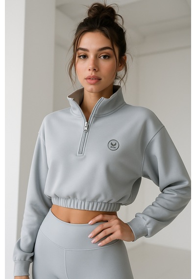 Kadın Gri Yarım Fermuarlı Beli Lastikli Crop Sweatshirt Gri