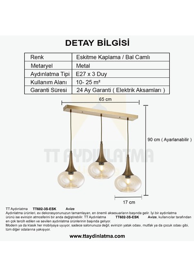 Tt602-3s-fullesk Tt Ayd. Eskitme Kaplama 3 Lü Hunili Tombul Avize Eskitme - Bal Cam