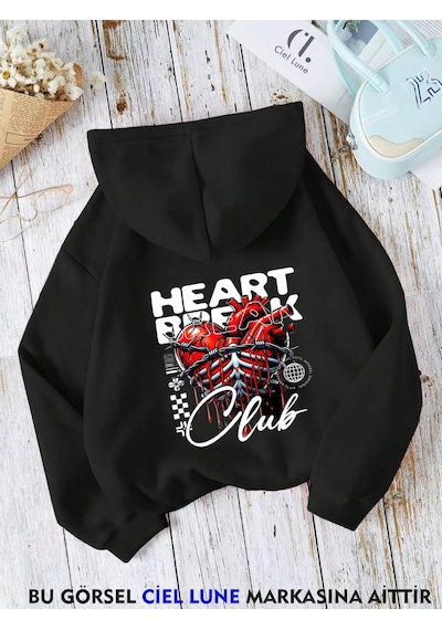 Nevermind Unisex Heart Break Baskılı Oversize Baskılı Kapşonlu Sweatshirt 3 Siyah