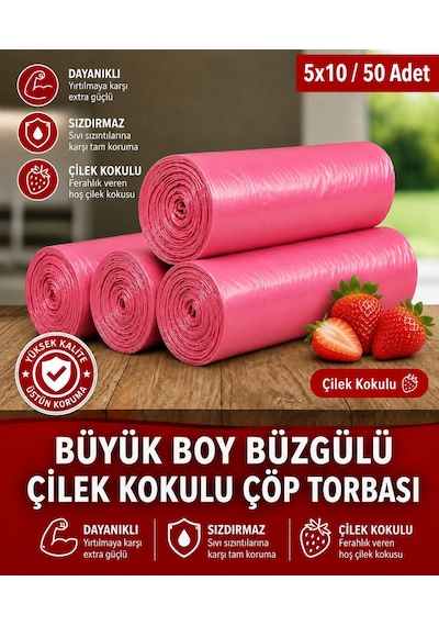 50 Adet Çilek Kokulu Büyük Boy Büzgülü Çöp Torbası 65x70 5x10