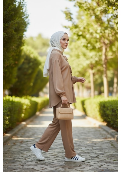 Stilkusagi Kadın Vizon Ön Bağlamalı Bürümcük Kimono Pantolon İkili Takım