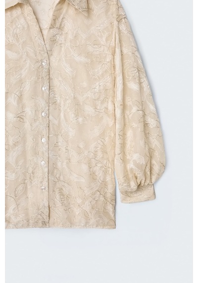 Sateen Nakış Detaylı Transparan Gömlek - Bej-137498