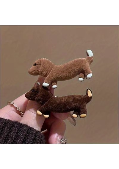 Kawaii Tarzı Dachshund Köpek Figürlü, Yumuşak Peluş Dokulu İkili Yan Maşa Toka Kahve