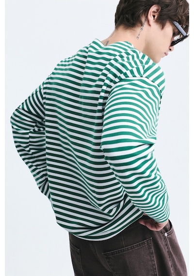 Vamos Oversize Çizgili Sweatshirt Ekru/yesıl