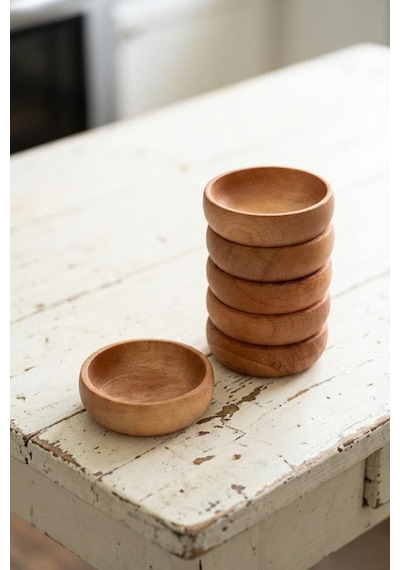 Atbyhome 6 Parça Doğal Kayın Ağacı Ahşap Çerezlik Kaseler - 10 Cm Kahvaltılık Ve Mezze Sosluk Seti Bambu