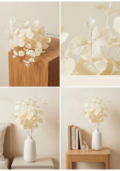 Yapay Exclusive Okaliptüs Krem Beyazı 16 Dallı 47 Cm Beyaz Beyaz