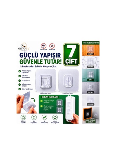 7 Çift Şeffaf Çift Taraflı Geçmeli Yapışkanlı Askı Priz Ve Tablo Sabitleyici Matkapsız Duvar Aparatı Şeffaf Şeffaf