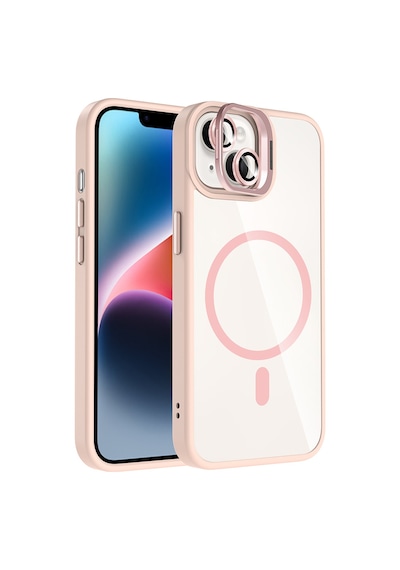 Apple Uyumlu iPhone 14 Kılıf Standlı + Kamera Lens Koruma Setli M-safe Şarj Özellikli Mkst Etro Kapak Pembe Pembe