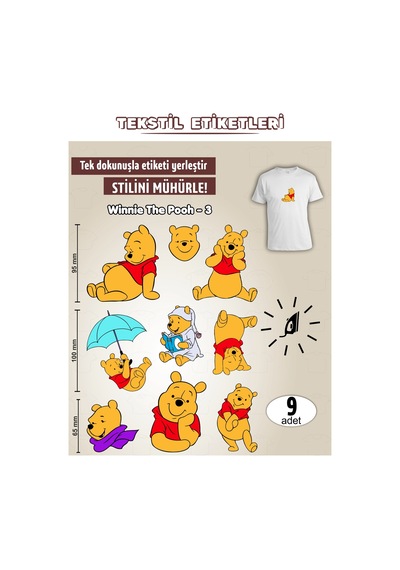 Ütü İle Yapışan Kıyafet Etiketi Winnie The Pooh -3 9lu Set Karışık