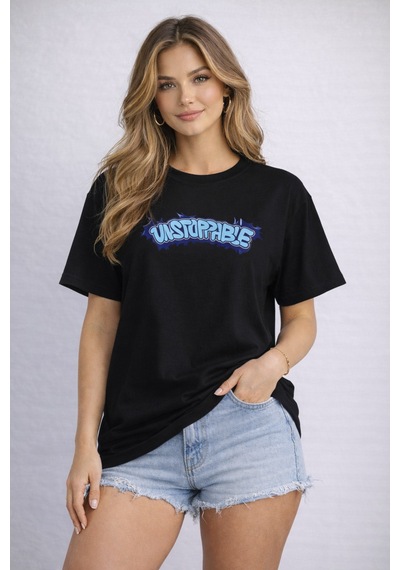 Herkesemoda Unstoppabie Ön Ve Arka Baskı Detaylı Basic T-shirt Siyah
