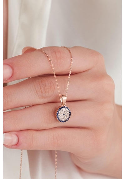 Tmt Silver 11 Mm Gümüş Rose Kaplama Mavi Lacivert Nazar Boncuklu Boncuğu Göz Kolye