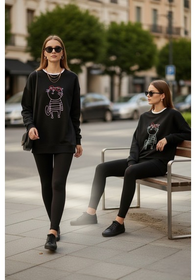 The Kadın Kedi Nakışlı Sweatshirt Rahat Kalıp 3 İplik Şardonsuz, Siyah & Gri Melanj Siyah
