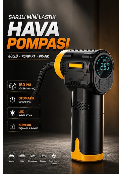 Hava Kompresörü Kablosuz Dijital Şarjlı Mini Lastik Şişirme Pompası Led Işıklı Taşınabilir 150 Psı