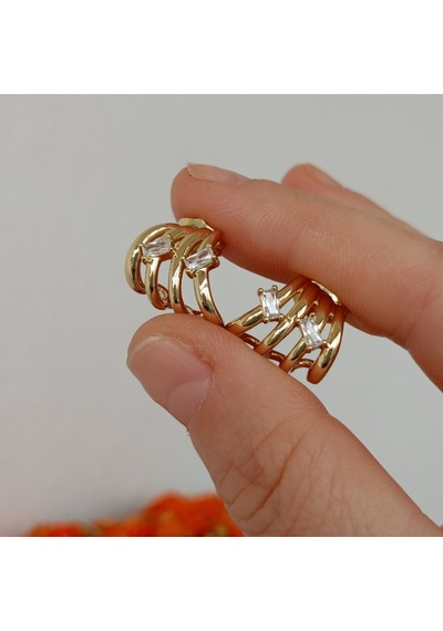 Lente Aksesuar 3'lü Görünümlü Zirkon Taşlı 14k Altın Kaplama Rengi Kadın Küpe Altın - Aqua