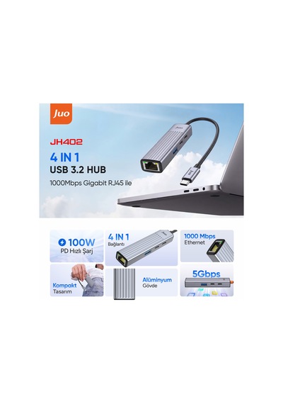 Juo Type-c 4 Portlu 1x Usb-a 1x Type-c Rj45 Gigabit Ethernet 100w Pd Şarj Girişi Çoklayıcı Dönüştürücü Hub