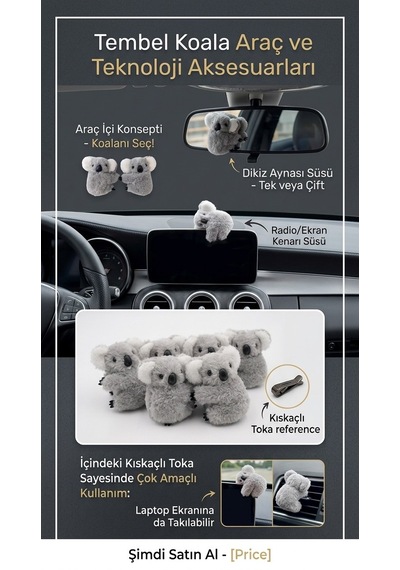 Tembel Koala Araç İçi Süs Kıskaçlı 2'li Set Dikiz Aynası & Multimedya Ekran Süsü