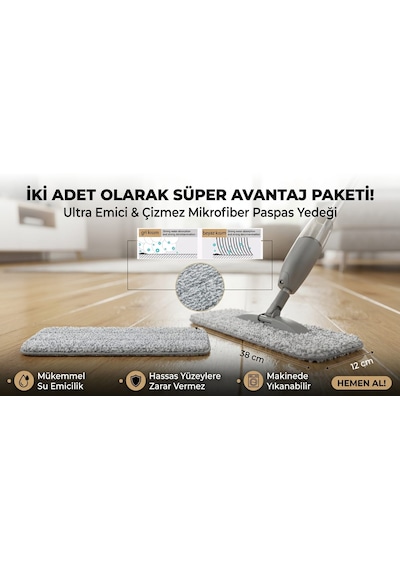 Sprey Mop Yedek Bezi Seti Yüksek Kaliteli Mikrofiber İle Etkili Temizlik 38 Cm-12 Cm Cırtlı 2 Adet