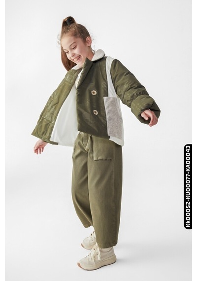 Xo Kids Kız Çocuk Büyük Yakalı Düğmeli Şişmeli Style Mont 8-14 Yaş 35352 Haki