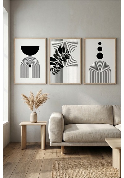 Doğal Ahşap Çerçeveli Minimalist Geometrik 3 Lü Set Siyah Çizgi Duvar Tablosu Ahşap