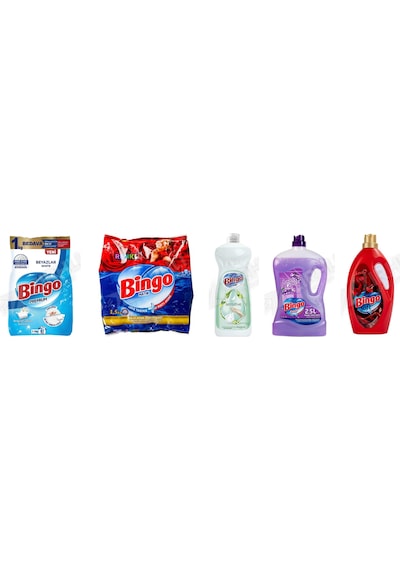 Bingo Beyazlar İçin Toz 8 Kg + Renkliler İçin Toz Deterjan 1.5 Kg + Sıvı Bulaşık Deterjanı 1500 Ml + Yüzey Tem. Fresh 2.5 Lt + Soft Yumuşatıcı 3l 5'li Set Diğer