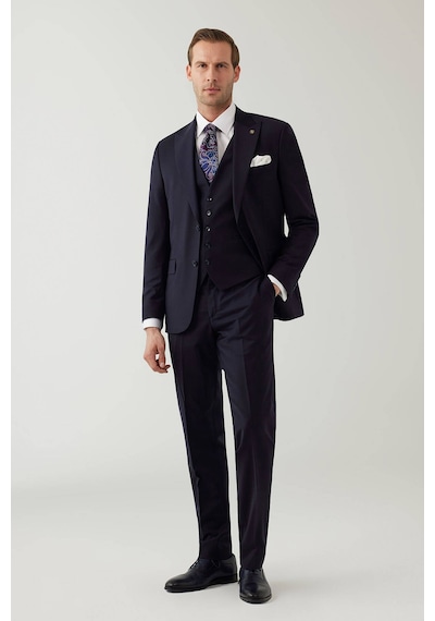 Erkek Lacivert Sivri Yaka Slim Fit Yelekli Takım Elbise