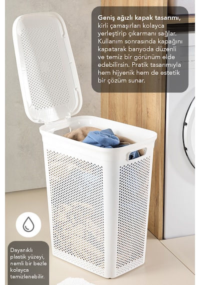2'li Kirli Çamaşır Sepeti Seti - 40 Litre Kapaklı Delik Detaylı Stash Slim Kirli Sepeti Beyaz Beyaz