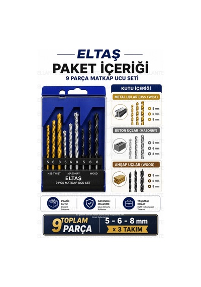 9 Parça Matkap Ucu Seti 5-6-8 Mm Metal Beton Ahşap Delme Uç Seti Hss Twist Masonry Wood Profesyonel