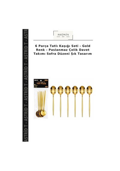 6 Parça Tatlı Kaşığı Seti - Gold Renk - Paslanmaz Çelik Davet Takımı Sofra Düzeni Şık Tasarım Çok Renkli