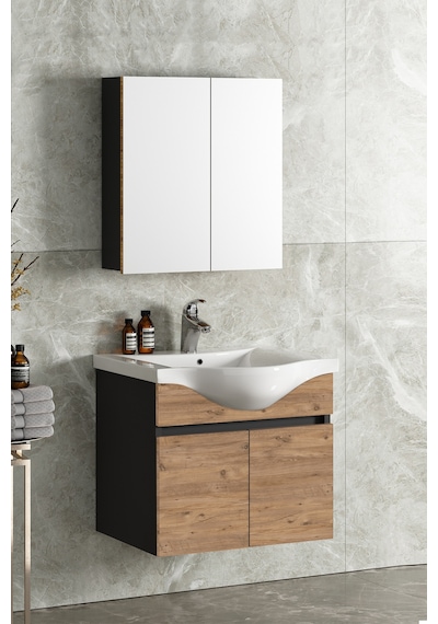 Yıldız 65 Cm Antrasit Gri Mat-Atlantik Çam Mdf Seramik Lavabolu A Antrasit - Atlantik Çam