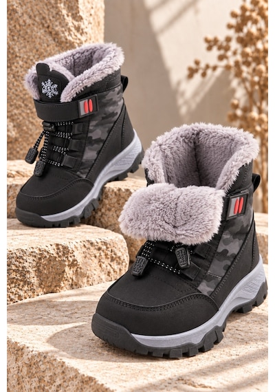 Muggo Peak İçi Kürklü Cırtlı Ve Bağcıklı Unisex Çocuk Kar Botu Siyah
