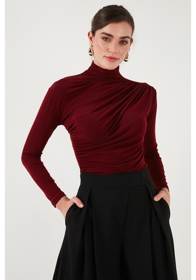 Lela Streç Büzgü Detaylı Slim Fit Dik Yaka Bayan Bluz 669925 Bordo