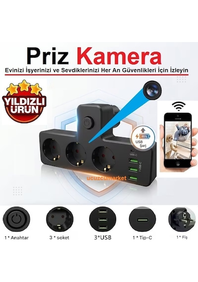 3'lü Akım Korumalı Priz Wifi Ev Güvenlik Kamerası Dünyanın Heryerinden Canlı Izlenir+kayıt Yapar