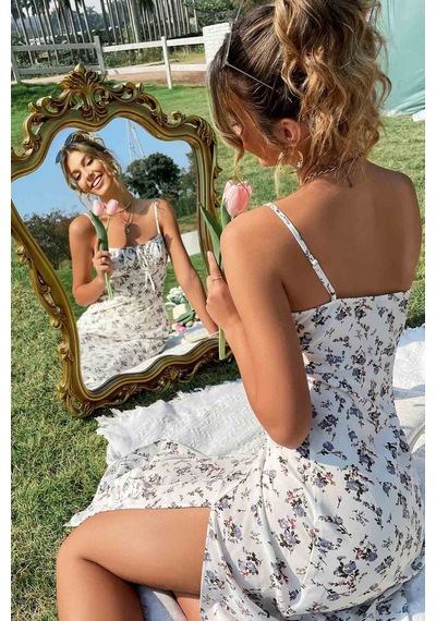 Merry See Yırtmaçlı Çiçek Desenli Midi Elbise 001