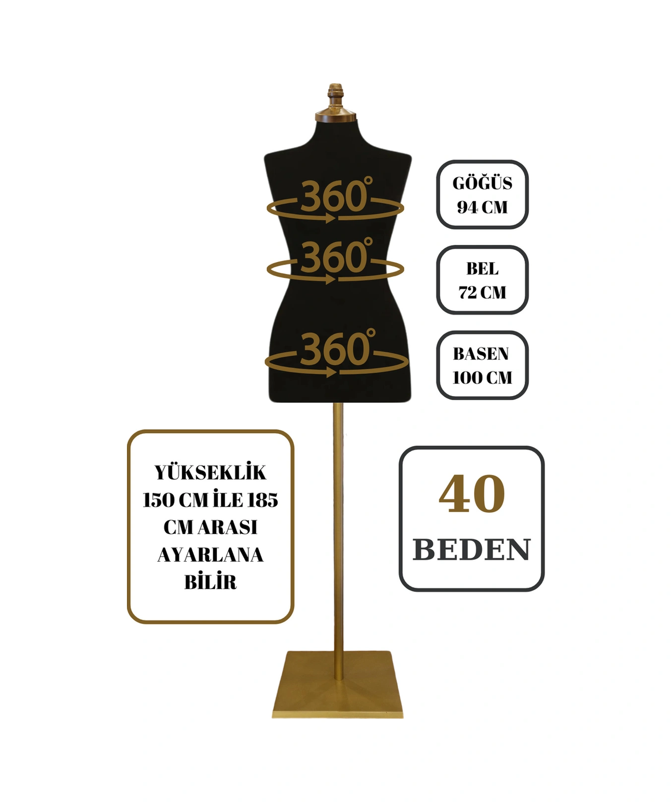 40 Beden Iğne Batabilen Terzi Mankeni Prova Mankeni Sünger Manken Gold Ayaklı Siyah Kumaş Po-01