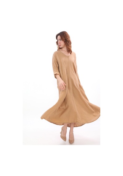 Bohem Stil İtalyan V Yaka Uzun Kol Keten Elbise-8907 Camel