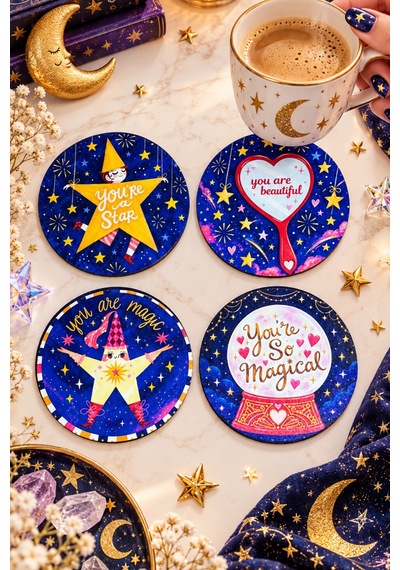 You're Magical Sihirli Dünya Temalı 4 Lü Bardak Altlığı Set 9 Cm, 3 Mm Ahşap Mdf, Dijital Baskı - 933651856 Diğer