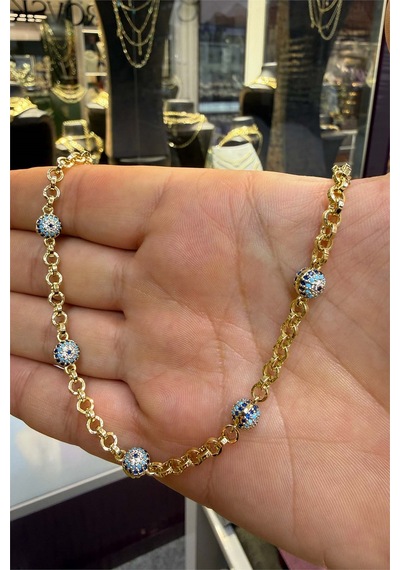 5 Li Nazar Boncuklu 50 Cm Kolye Altın
