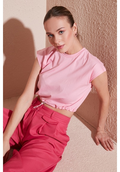 Lela Bisiklet Yaka % 100 Pamuk Crop Bayan T Shirt 5865587 Toz Pembe