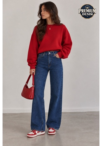 Vadon 1054 Kadın Yüksek Bel Straight Fit Düz Paça Jean Pantolon Mavi