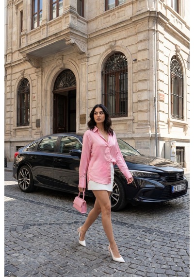 Madmext Pembe Gizli Düğmeli Şık Kadın Saten Gömlek Mg2675 Pembe