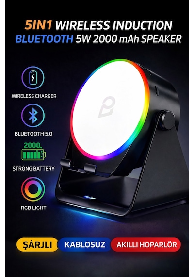 5w İndüksiyonlu Bluetooth Hoparlör 2000mah Rgb Işıklı Standlı Telefon Ses Yükseltici Speaker Güçlü