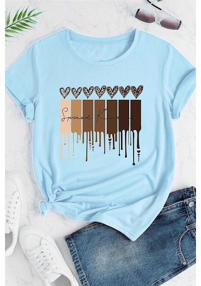 Uyguntarz Unisex Leopar Kalp Baskılı Oversize T-shirt Bebe Mavisi