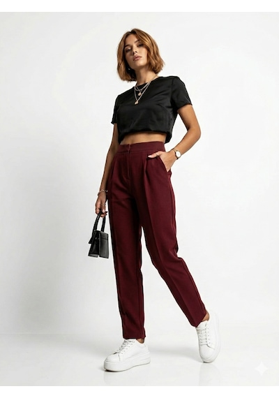 Ribana Classic Kadın Dar Paça Pileli Mevsimlik Klasik Moda Kumaş Pantolon 4687 Bordo