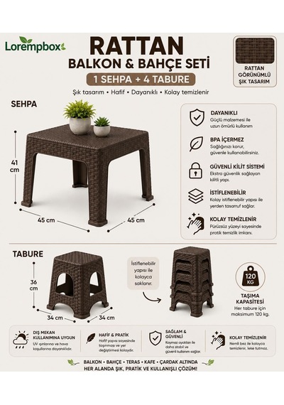 Lorempbox Rattan Balkon & Bahçe Seti 5 Parça 1 Sehpa + 4 Tabure Diğer