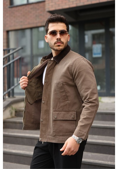 Little Cup Jeans Co Erkek Vizon Garni Yaka Spor Canvas Mont