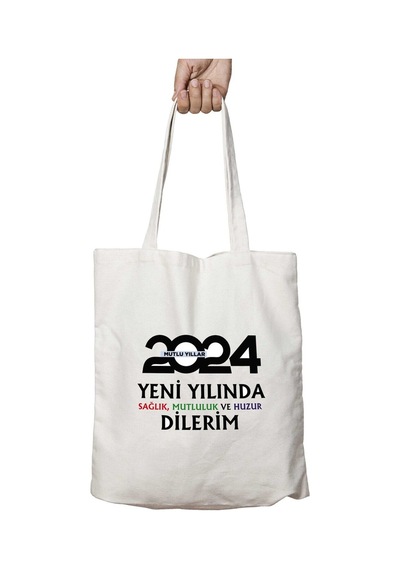 Art Hediye Mutlu Yıllar Yeni Yılında Huzur Dilerim İki Tarafı Kalıcı Baskılı Yıkanabilir Çanta Çok Renkli