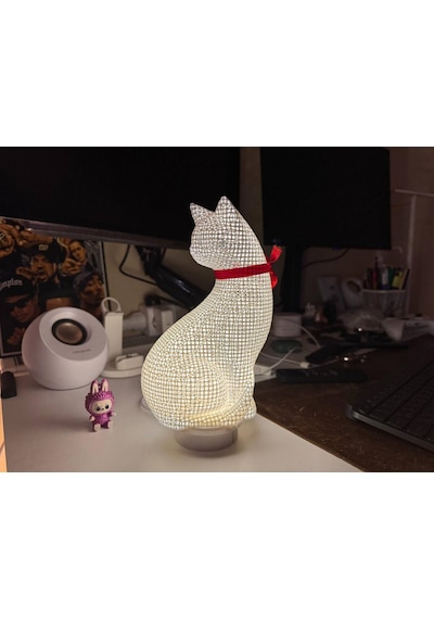 Sincara Home Kedi Petek Dekor / Masa Ve Gece Lambası / Beyaz Kedi - Kırmızı Kurdele