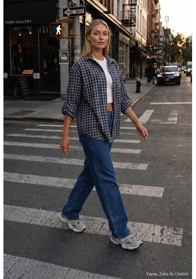 Kadın Gri Laci Ekose W6-54 Oversize Gömlek Lacivert