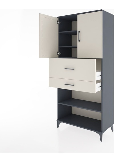Hyperion Dolap 4 Raflı 2 Çekmeceli 2 Kapaklı 88x44x195 Antrasit-aytaşı Antrasit